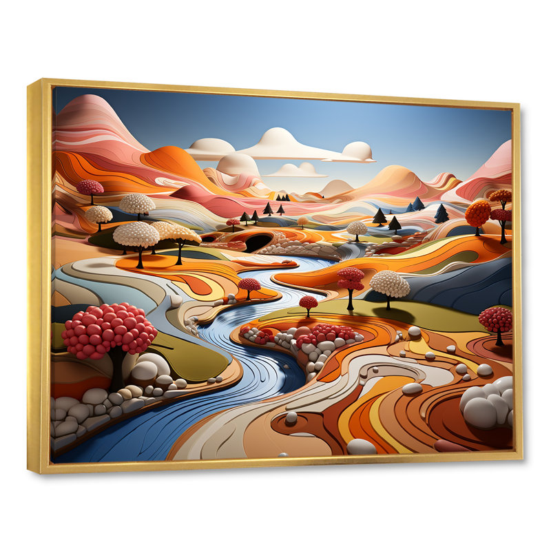 «Whimsical Fields Of Color Landscape I - Countryside», reproduction d'art sur toile, Cadre flottant doré