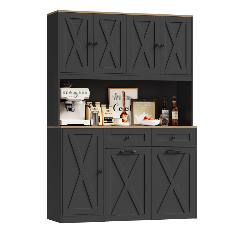 Garde-manger 70,9 po avec tablette à micro-ondes et armoire à poubelle à pousser, chien à l'épreuve des chiens