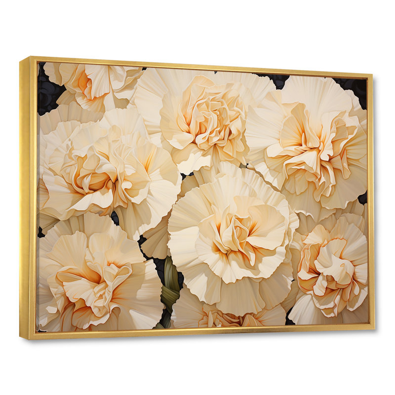 Arrangement d'œillets beiges sur toile, H 24 po x l 32 po x P 1 po, Cadre flottant doré