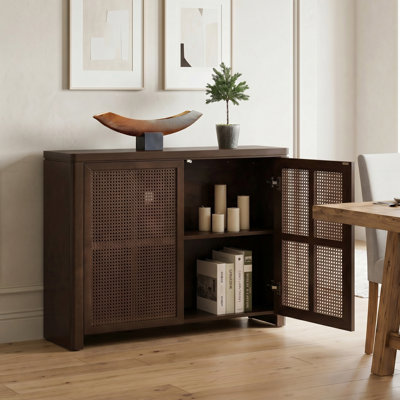 Buffet moderne en rotin de 39,4 po avec portes escamotables, 2 trous de sortie, armoire de rangement rétro pour entrée, couloir, salon, cuisine, salle à manger, facile à assembler