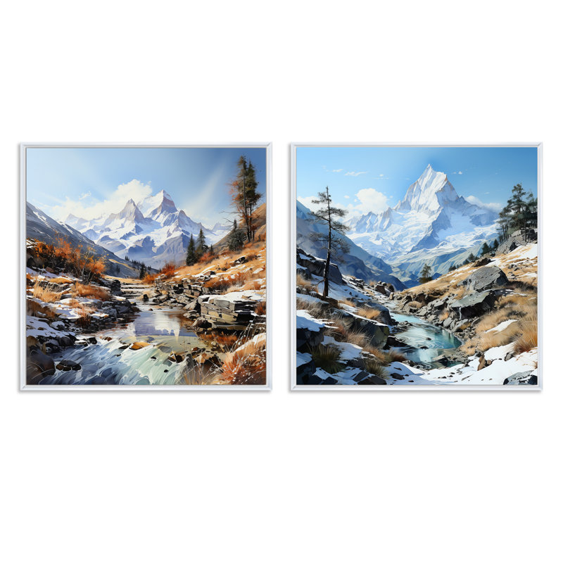 Mountain Charm Creek en hiver - ensemble de 2 montagnes carrées, H 16 po x l 33 po, Cadre flottant blanc
