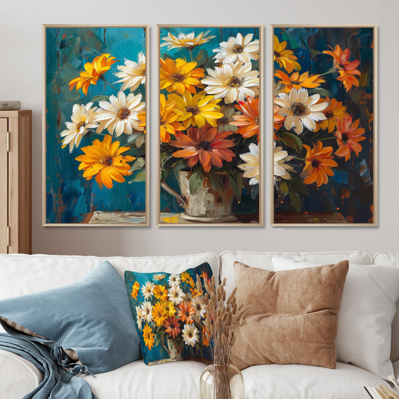 «Farmhouse Daisies In Milk Bucket» - ensemble d'art mural marguerites, Toile naturelle avec cadre flottant