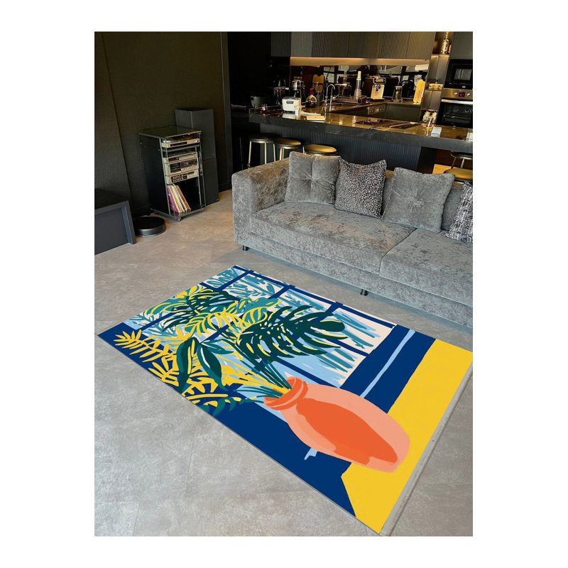 Tapis décoratif moderne à motif de fenêtre et de pot de fleurs jaune marine