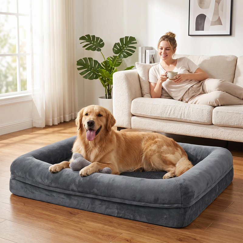 Lit orthopédique XL pour grands chiens, soutien en mousse alvéolée, doublure imperméable, fond antidérapant, housse amovible et lavable, lit rectangulaire pour animaux de compagnie, gris, dimensions : 105 x 75 x 18 cm