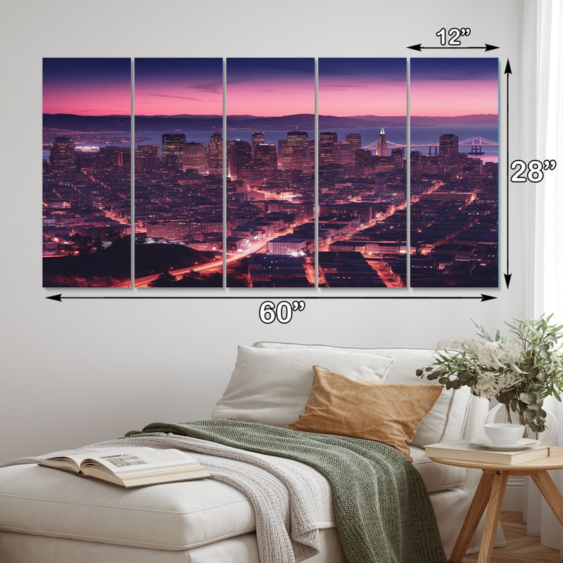 «San Francisco Skyline And Bay Bridge VI», art mural sur toile Cityscapes - 5 panneaux égaux