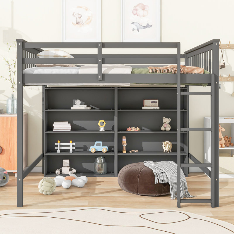 Lit mezzanine de taille grise avec 8 tablettes de rangement et - peu encombrant pour les espaces de vie