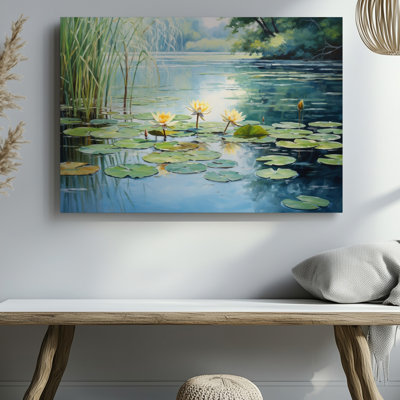 Water Lily Pond With Green Lily Pads And Blooming Flowers Decor Canvas Wall Art Print For Living Room, Bedroom, Office, Hallway, Entryway, Gallery Wall And Modern Home Decor