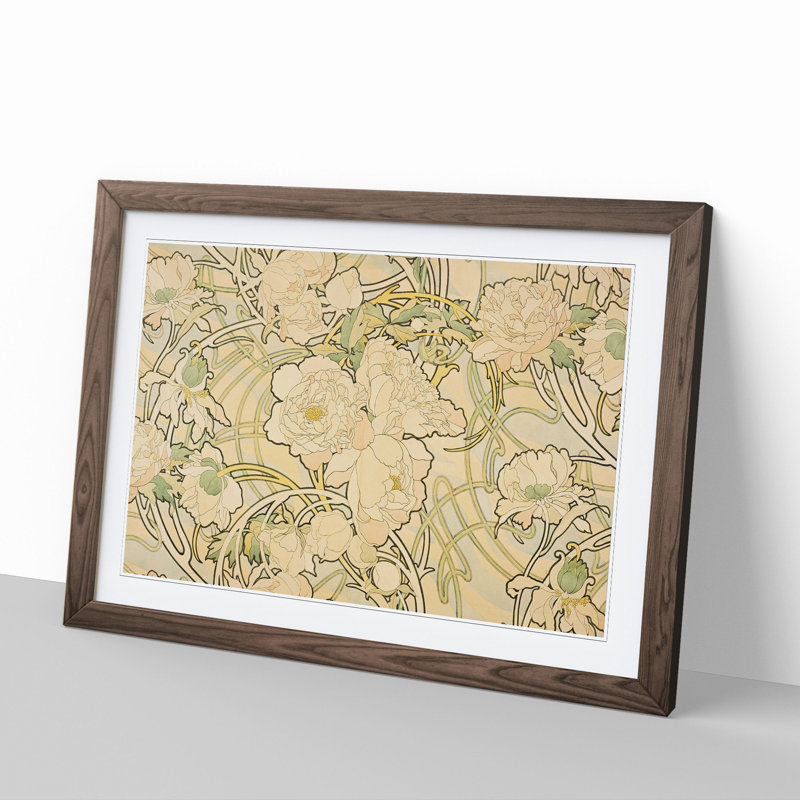 Peonies by Alphonse Mucha - Picture Frame Painting, 36cm H x 48cm W x 2cm D, Walnut Framed