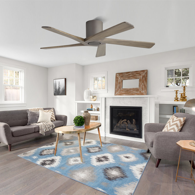 5 Solid Wood Blades Indoor Flush Mount Ceiling Fan With Remote, Charcoal Gray, Charcoal Gray, 54'' Wide