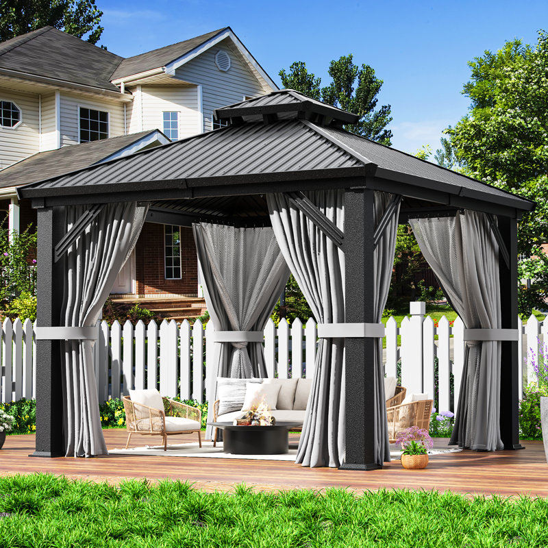 Pavillon de jardin extérieur VIWAT avec toit en acier galvanisé, structure en aluminium, rideaux et filet, 10 x 10 pi