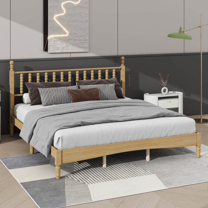 Base de lit en très grand lit en bois avec tête de lit d'inspiration gourde, lit plateforme antique, Très grand lit
