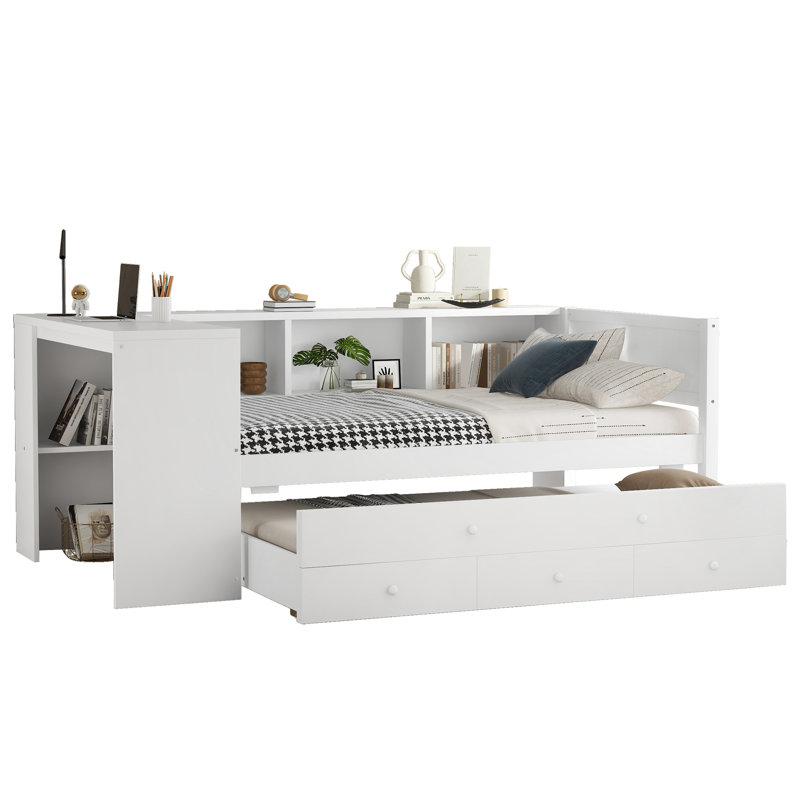 Twin Size Daybed with Trundle, Wood Frame, Storage Drawers & Shelves, Desk, No Box Spring Needed, White, Twin, White