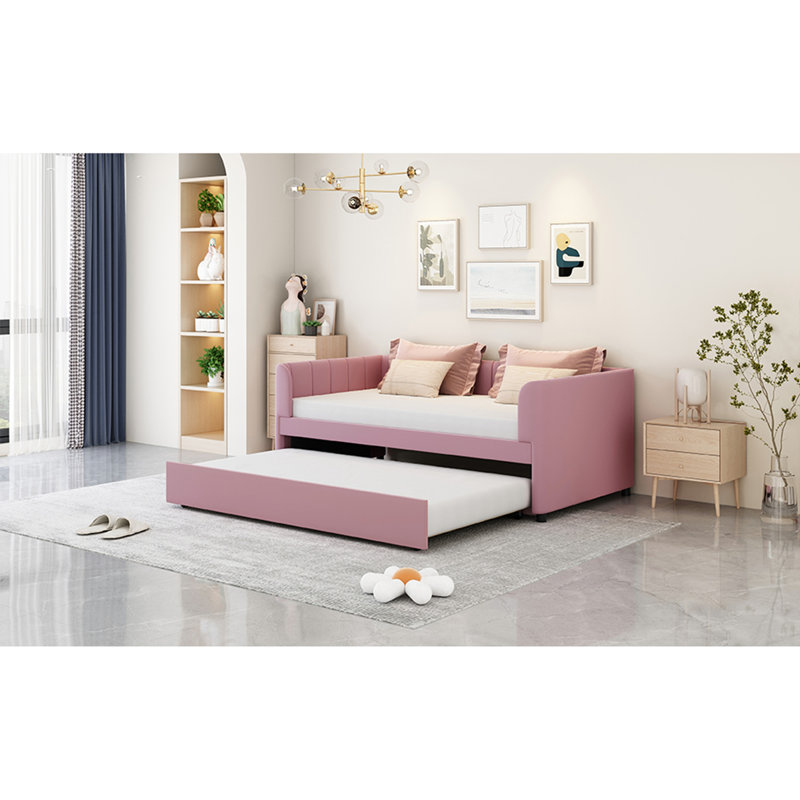 Twin Size Upholstered Daybed with Ergonomic Backrest and Trundle, Pink Guest Bed for Kids or Small Spaces, Pink