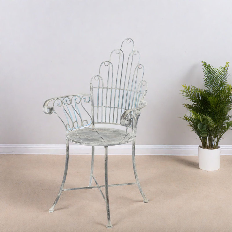 Rustic Iron Accent Chair, Distressed Silver Finish For Garden & Home