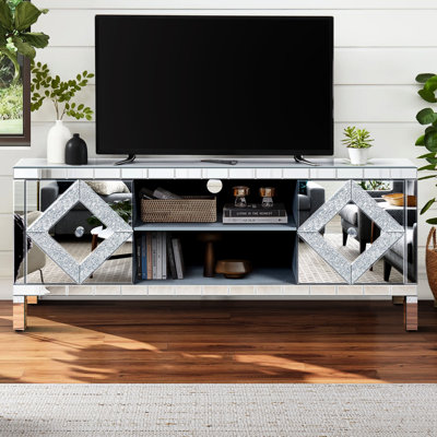 Meuble télé miroir pour téléviseurs de plus de 65 pouces, console argentée avec 2 placards et un espace ouvert, meuble de rangement moderne pour salon, rangements, ameublement