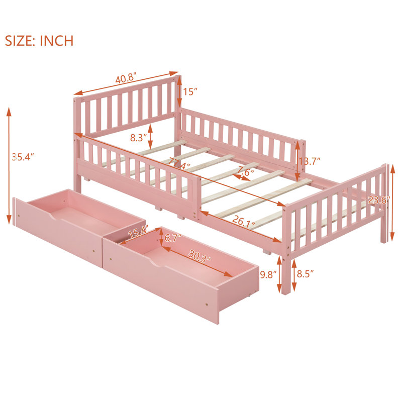 Lit plateforme simple en bois avec garde-corps des deux côtés et deux tiroirs de rangement