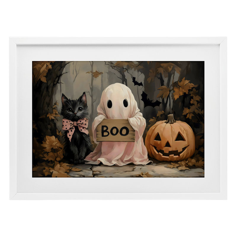 Joli dessin d'Halloween boo encadré sous verre, design par Arlington Prints, H 14 po x l 20 po, Cadre blanc côtier