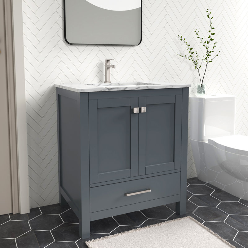 Ensemble de meuble-lavabo autoportant gris anthracite avec plateau en marbre de Carrare 30 po Anvay, Gris foncé