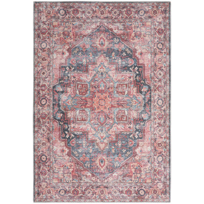Machine Washable Oriental Blue/Brick Red Area Rug