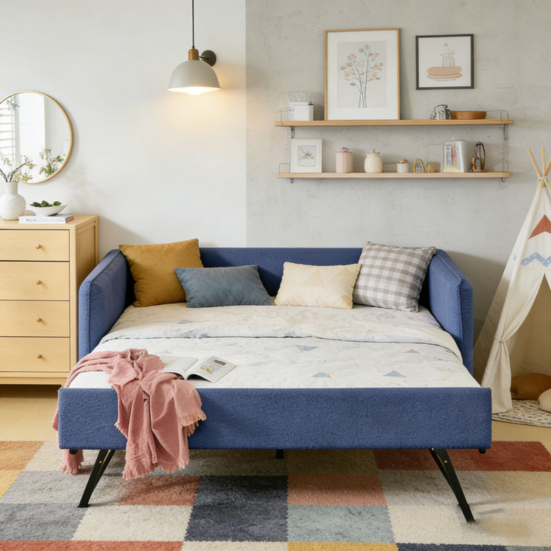 Boucle Fabric Daybed, Full1, Blue-Trundle