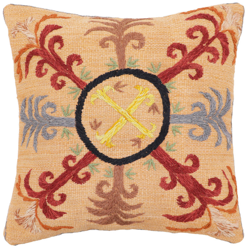 100% Wool Throw Square Pillow Cover & Insert, Black/Rust
