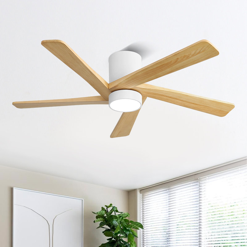 Ventilateur de plafond 48 po à 5 pales en bois massif avec ensemble d'éclairage et télécommande, Bois naturel / blanc, 48"