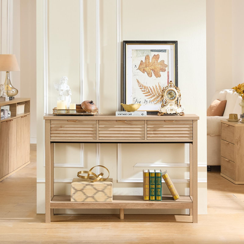 Fluted Wood Console Table with 3 Drawers, Natural Oak