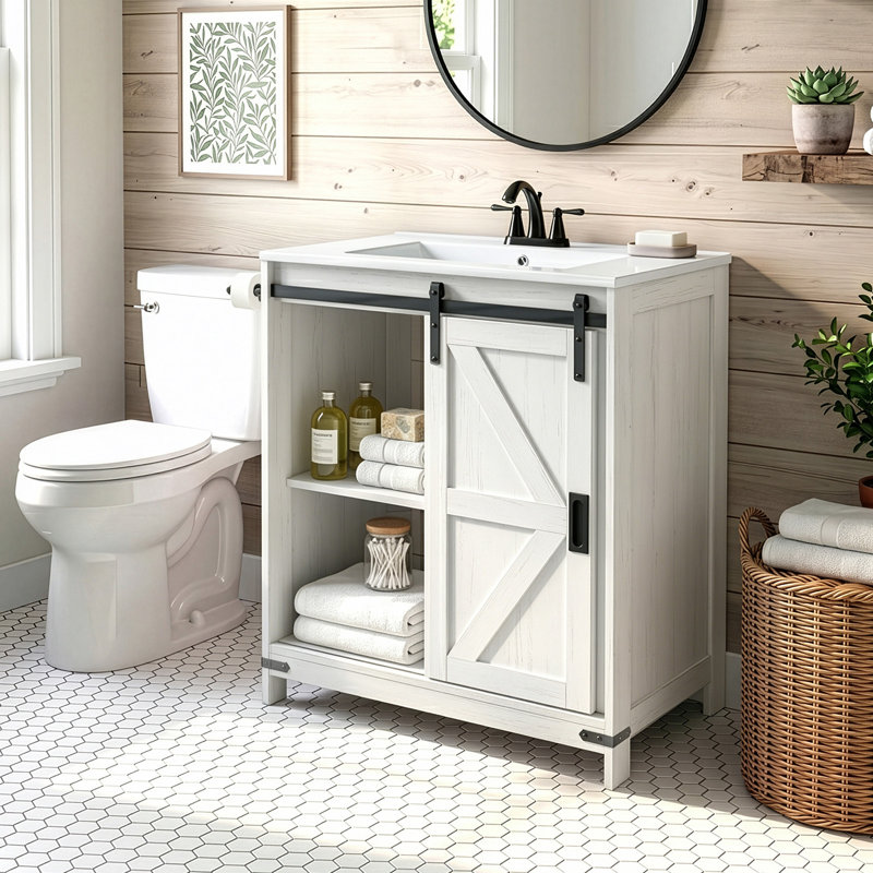 Meuble-lavabo de porte de grange 30 po avec lavabo en céramique, White
