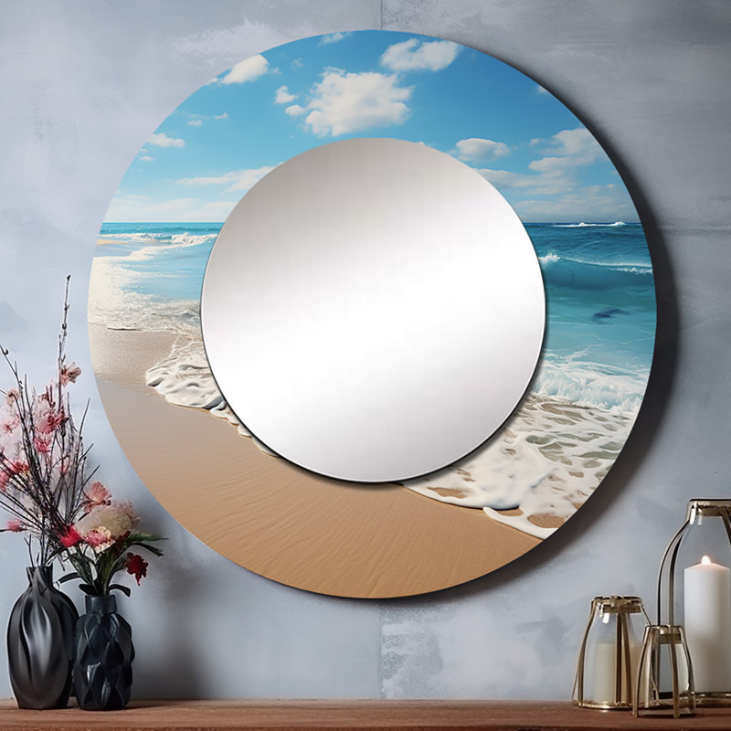 «Scenic Landscape Coastal Serenity VI - Miroir mural décoratif océan, miroir rond turquoise, impression sur métal