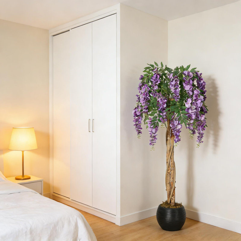 Artificial Purple Bean Flower Tree with Cement Pot - Lifelike Hanging Vine & Moss for Home Décor, Office, Wedding