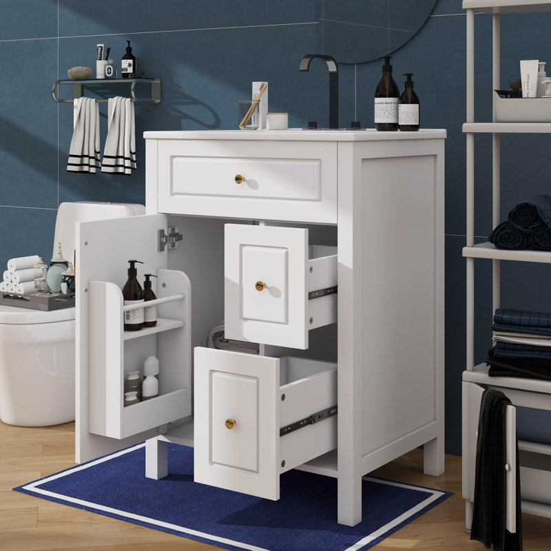 Meuble-lavabo de 24 po avec lavabo en céramique, 1 porte à fermeture douce, 2 tiroirs à fermeture douce, Blanc