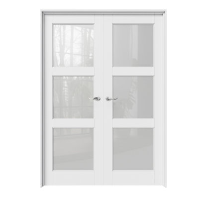 60" x 80" Interior French Door, 3-Lite Tempered Frosted Glass Doors, Complete Jamb Kit, Satin Nickel Hinges, 4 Curve Levers & Latch, White Primed Paint‑Ready & Solid Core Door, Privacy & Frosted Glass
