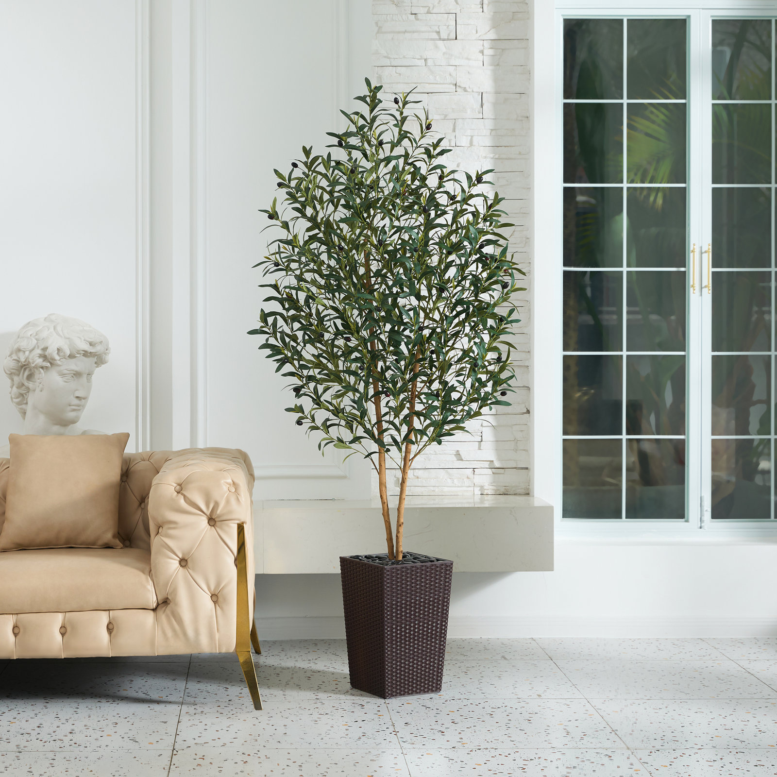 George Olive Tree in Decorative Vase, Brown, 72" H x 24" W x 24" D