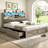 Farmhouse Wood Bed Frame with Bookcase Storage Headboard, 5 Drawers & LED Lights, Grey Wooden Platform Bed with Charging Station, Barn Door Design, No Box Spring Needed-370782390-400191142