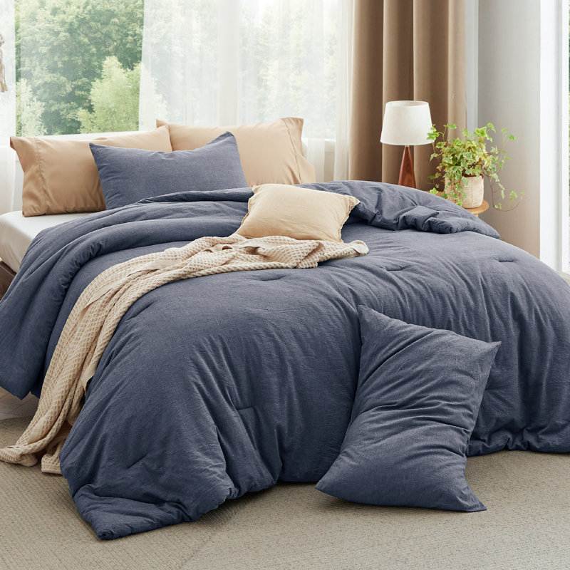 Best Seller Bedsure Cotton Fabric With Microfiber Inner Fill Comforter Set, 143TC, Denim Blue