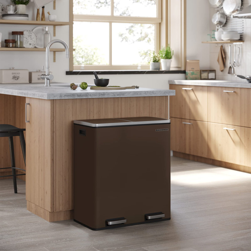 Poubelle, 2 poubelles de 8 gallons (2 x 30 L) pour la cuisine, avec 15 sacs poubelles, 2 compartiments, seaux intérieurs en plastique et couvercles à charnières, hermétique, brun