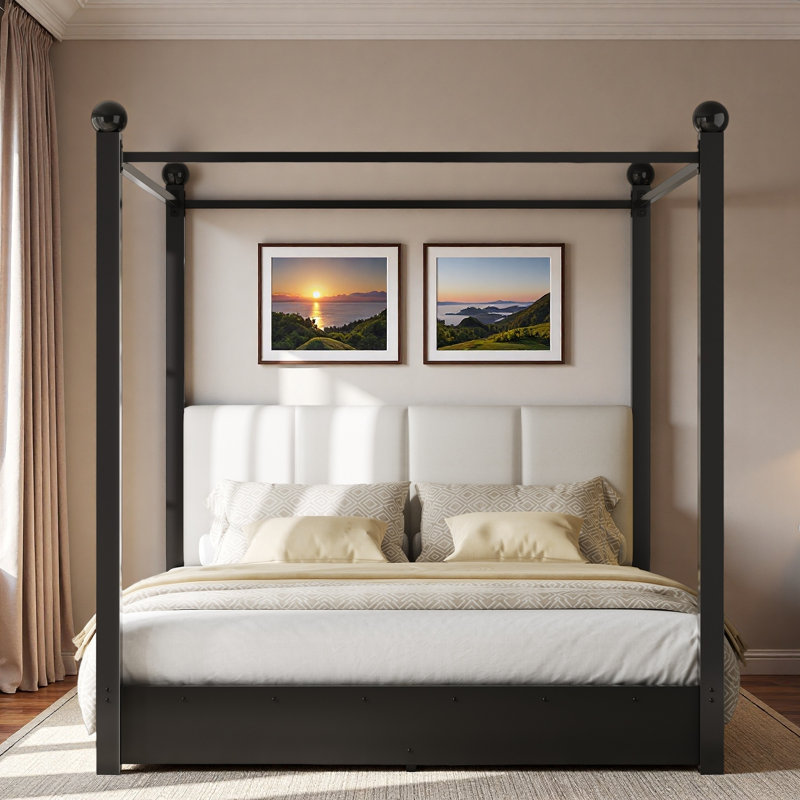 Lit plateforme à baldaquin avec tête de lit tapissier et structure en métal, King, Black