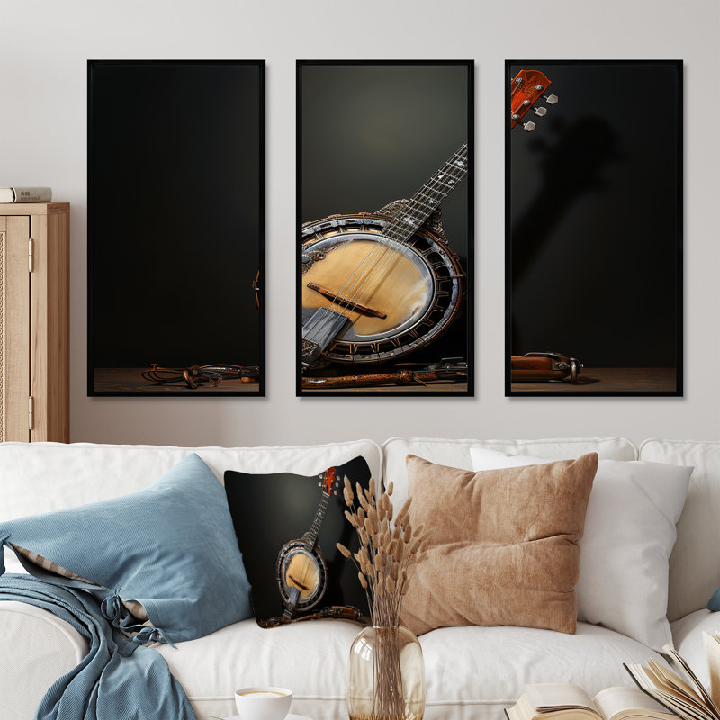 Chêne doré, banjo résonnant I - musique, art mural, Cadre flottant noir, H 28 po x l 36 po