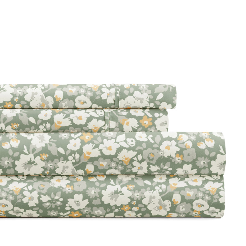 4 Piece Sheet Set Patterned Microfiber Ultra Soft Bedding in Floral Dream, Green, Queen