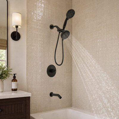 Three-Function Tub and Shower Faucet Set with Hand Shower, 5-Spray Showerhead, Pressure Balance Valve