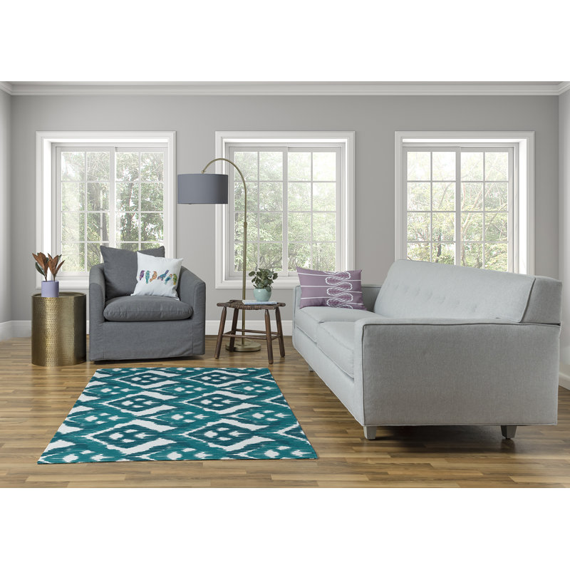 Tapis Ikat bleu sarcelle / blanc, Rectangle 8 pi x 10 pi