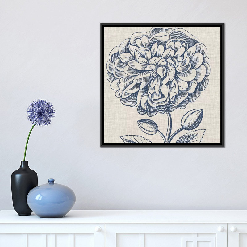 «Indigo Floral on Linen III», reproduction d'art sur toile tendue, H 26 po x l 26 po x P 1,5 po, Toile avec cadre noir