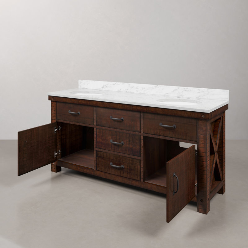 Aberdeen 72 In. Double Sink Blue Limestone Countertop Vanity In Rustic Sierra With Mirrors, Carrara White, Rostic Sienna