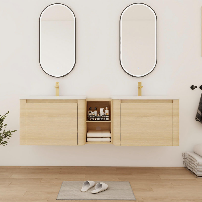 Meuble-lavabo double avec comptoir en céramique, 68", Beige