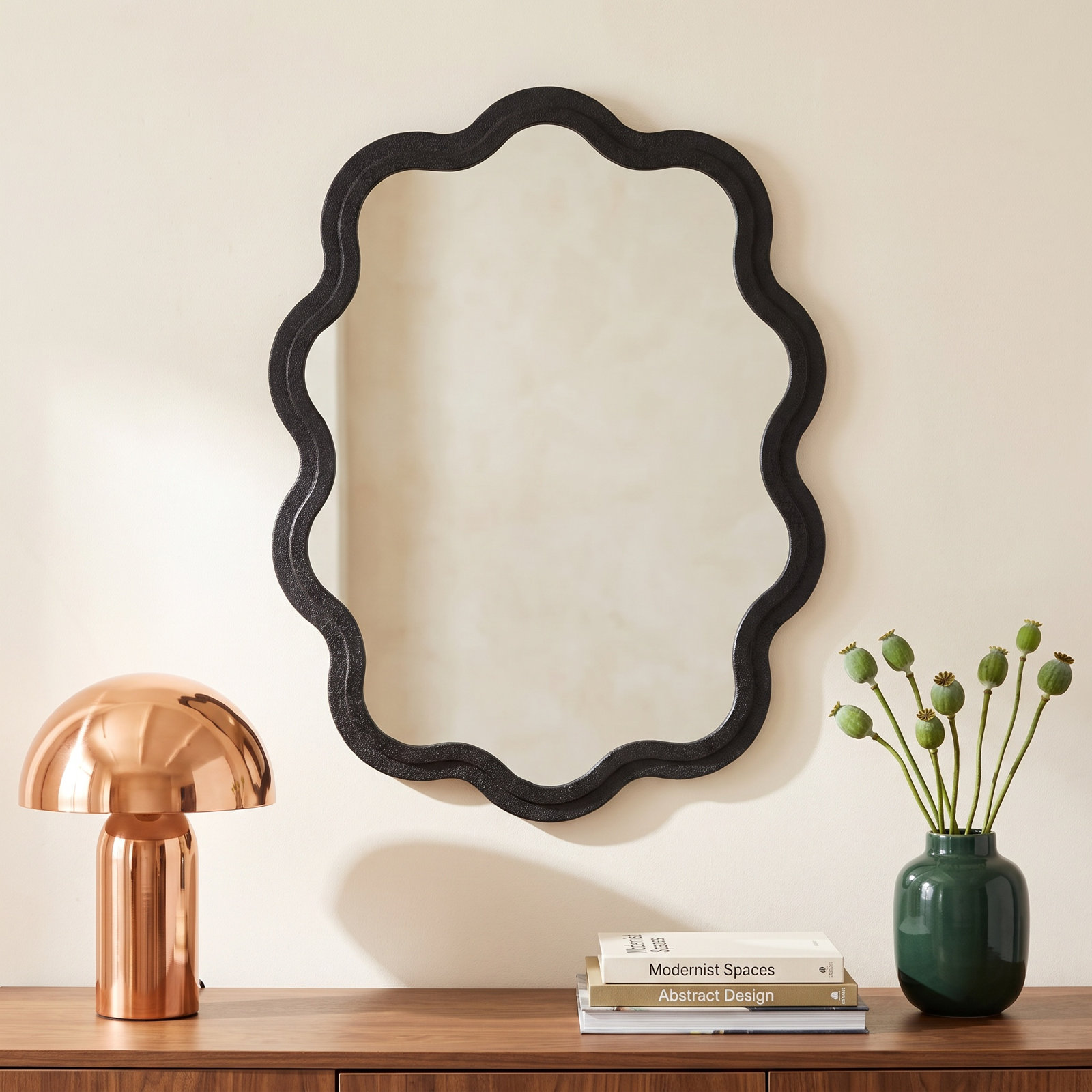 Wood Handmade Wavy Black Room Wall Mirror With Dimensional Carved Frame