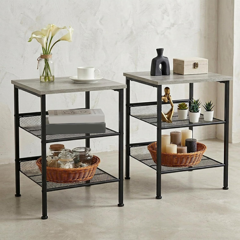 Ensemble de 2 tables de bout carrées industrielles à 3 niveaux Takywep, Grey