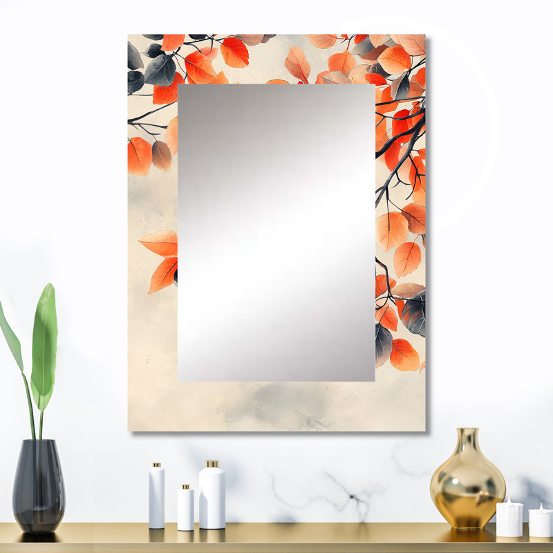 Orange orange, feuilles d'automne II - miroir mural décoratif, grand miroir traditionnel, impression sur métal, 32 po x 24 po