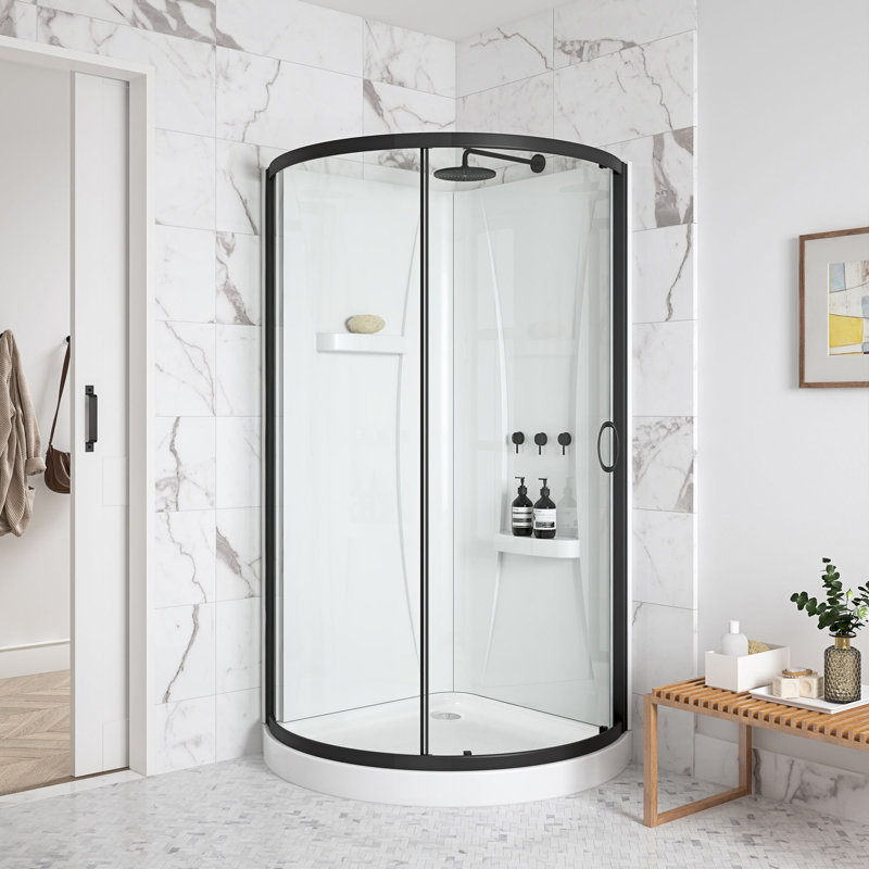 Breeze 33 in. L x 33 in. W x 76.18 in. H Round Corner Shower Kit in Matte Black, Clear Sliding Door, Walls and Pan, Black