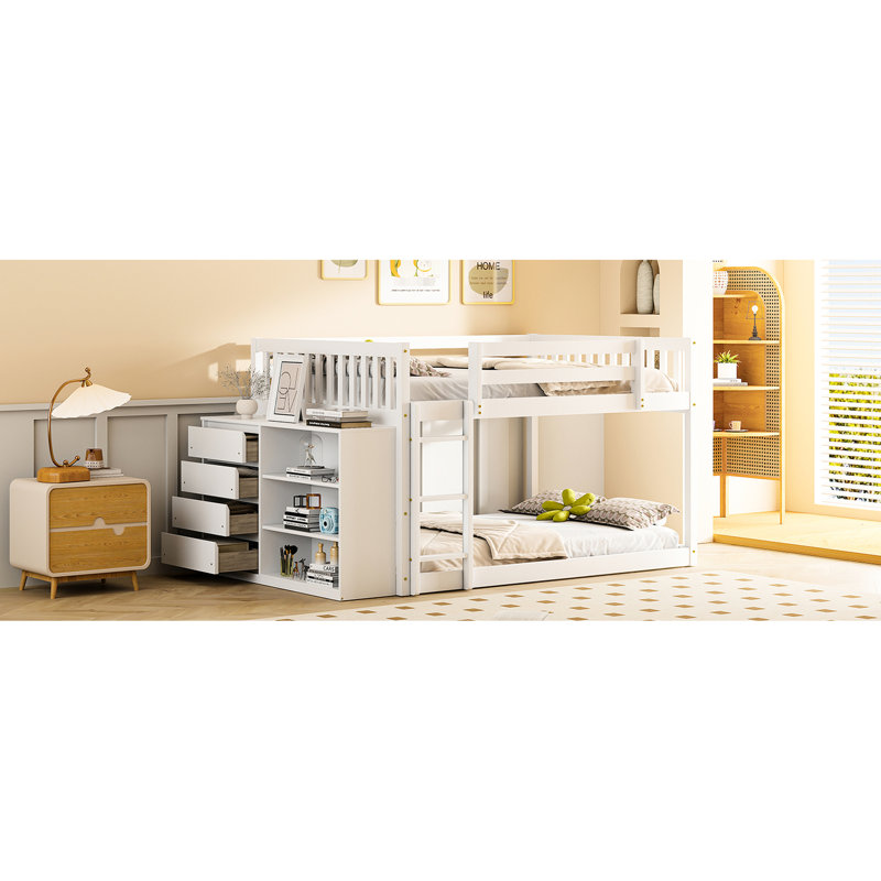 Lit superposé double blanc avec construction solide et rangement fonctionnel en bois de pin blanc, Lit double, Blanc