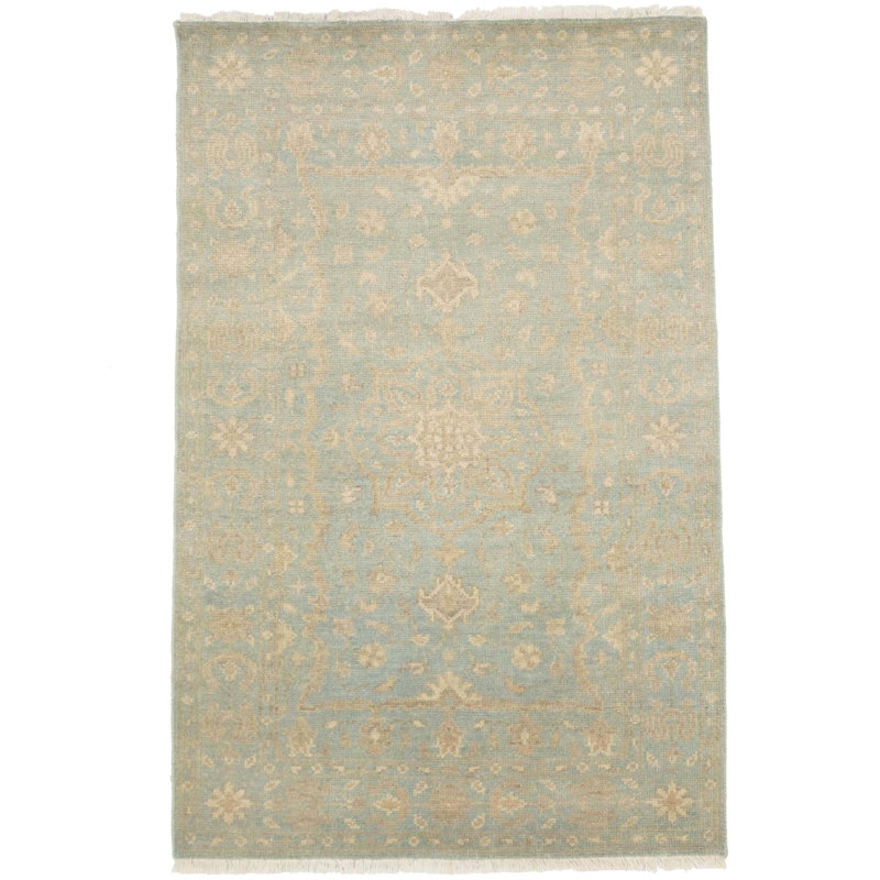 Tapis oriental bleu transitionnel à motif floral turquoise discret 4 x 6